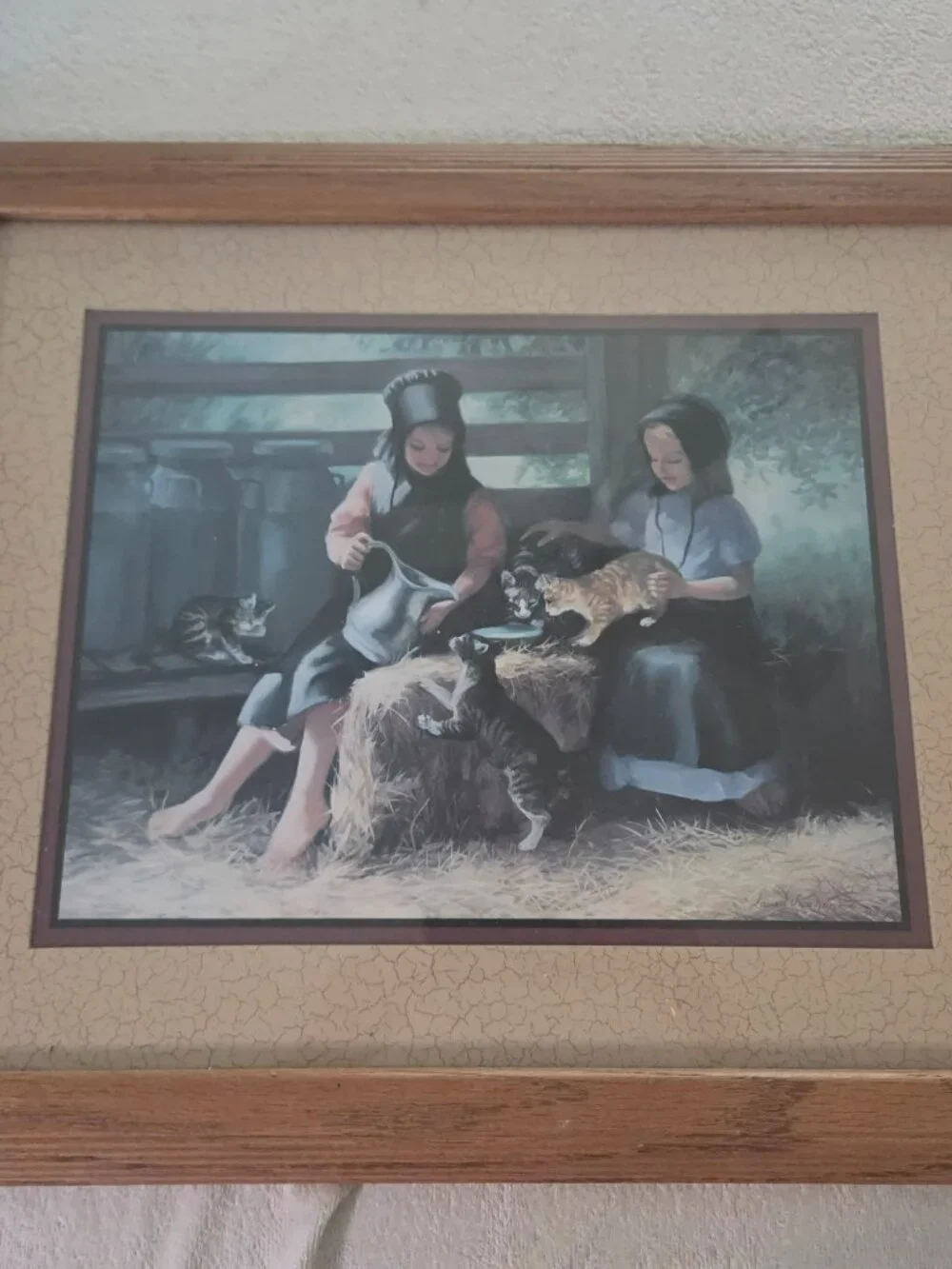 SHARING WITH A FRIEND FRAMED ART 2 GIRLS FEEDING KITTENS ARTIST SIGNED